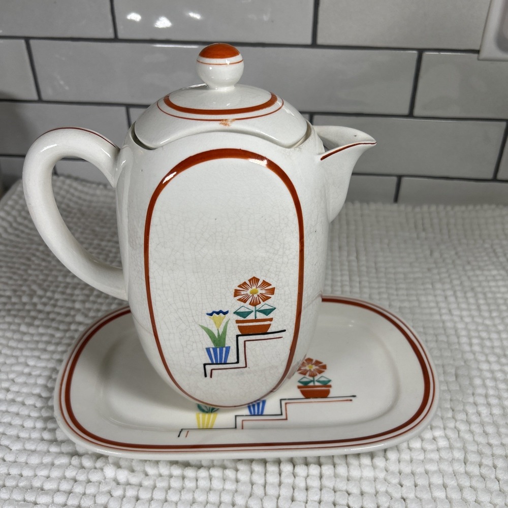 Rare 1930s Red & White Teapot & Tray Japan Hand painted Art Deco 48 oz